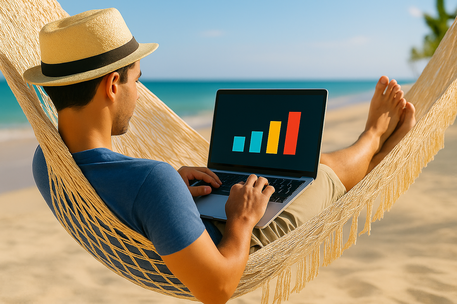 Microempreendedor (MEI) relaxando enquanto seu sistema de automação e inteligência artificial opera tarefas em um laptop.